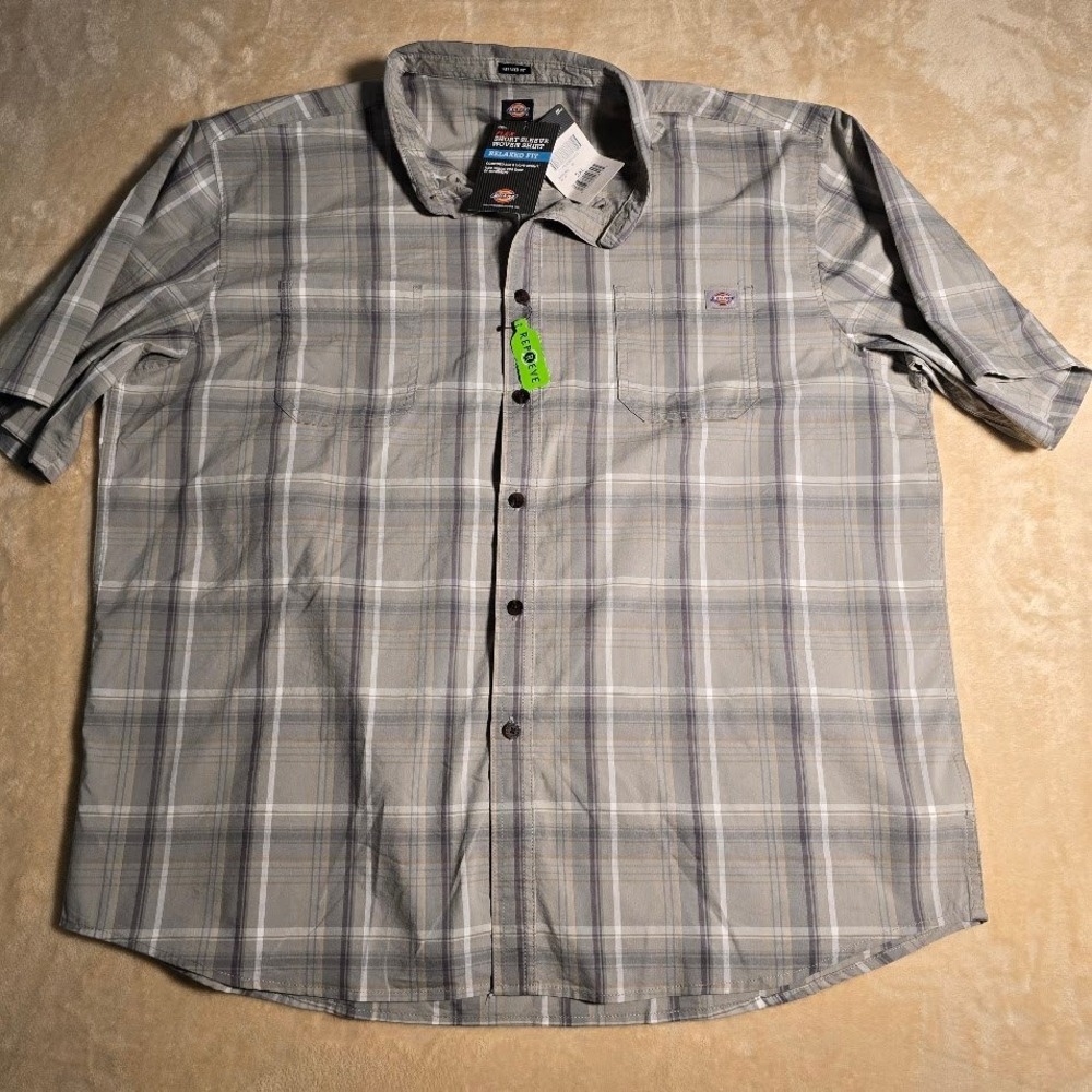 Dickies Flex Short Sleeve Woven Shirt Mens2XL Relaxed Fit Grey Plaid Repreve NEW